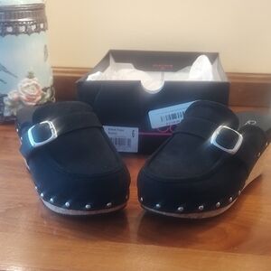 Black Suede Clogs with Silver Accents